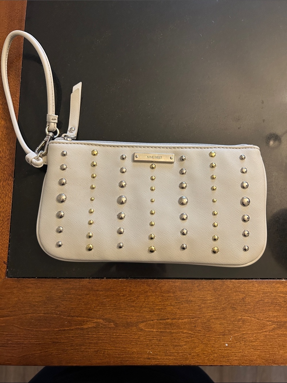 Nine West Cream Studded Zip Pouch & Black Patent Wristlet